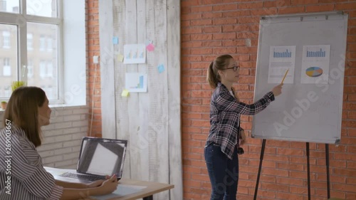 young educated girl talks about the project later blackboard. stylish classroom at the university. 4K