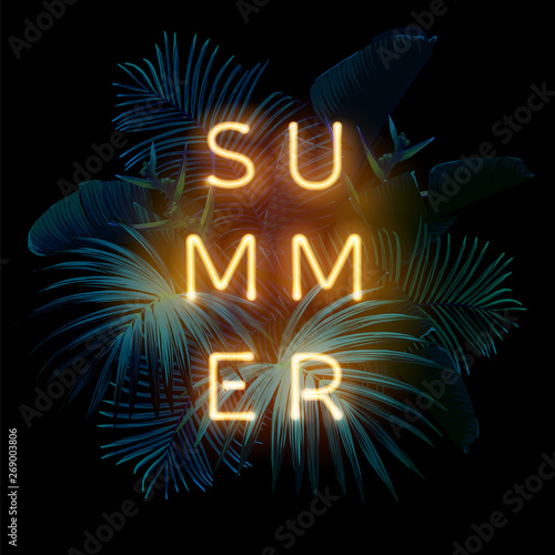 Dark green tropical design with palm leaves and luminous neon lettering. Summer night vector illustration.
