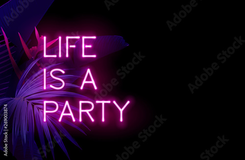 Dark blue and violet tropical party design with palm leaves and neon letters. Summer night vector illustration.
