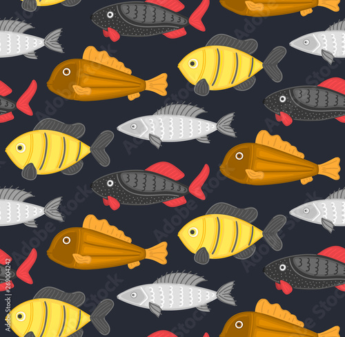 Vector seamless pattern with abstract fish. Undersea world. Aquarium. Wrapping paper, package, wallpaper, clothing and other textile in a pet store or fishing gear shop, seafood menu cover, banner