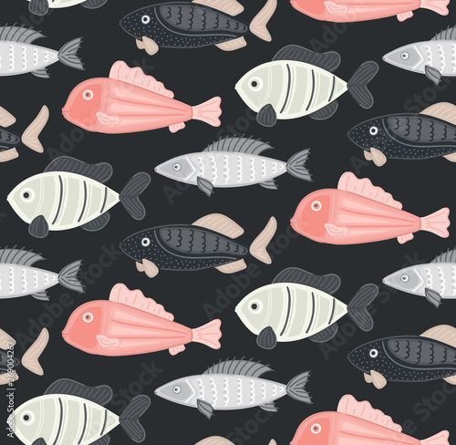 Vector seamless pattern with abstract fish. Undersea world. Aquarium. Wrapping paper, package, wallpaper, clothing and other textile in a pet store or fishing gear shop, seafood menu cover, banner