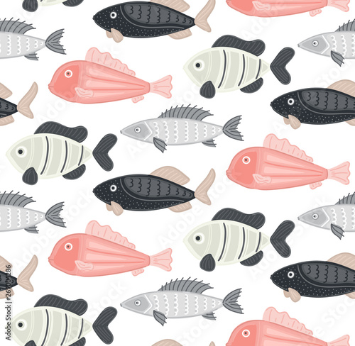 Vector seamless pattern with abstract fish. Undersea world. Aquarium. Wrapping paper, package, wallpaper, clothing and other textile in a pet store or fishing gear shop, seafood menu cover, banner