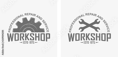 Logo workshop repair and service. Keys, gear and text in black and white