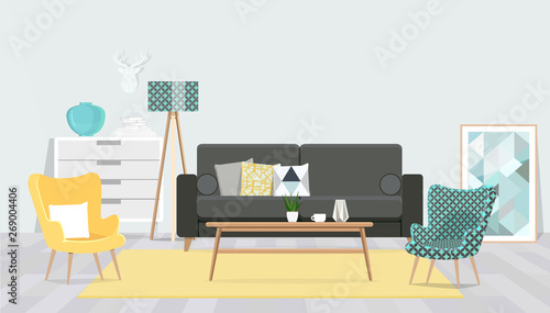 Modern interior design living room with a yellow chair.