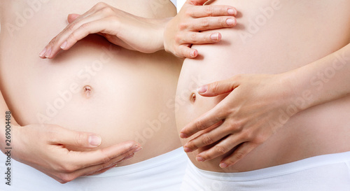 Collage of pregnant woman with belly in the early stages of pregnancy.