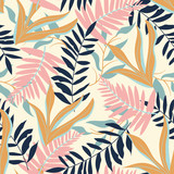 Seamless pattern with tropical plants on a delicate background. Vector design. Jungle print. Floral background.