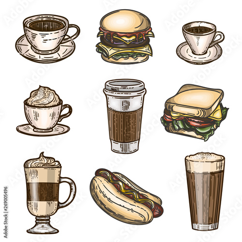 Vector hand drawn colorful set of latte, cappuccino, burger, hamburger, hotdog, frappe, espresso americano and americano in cup for take away isolated on white background. 