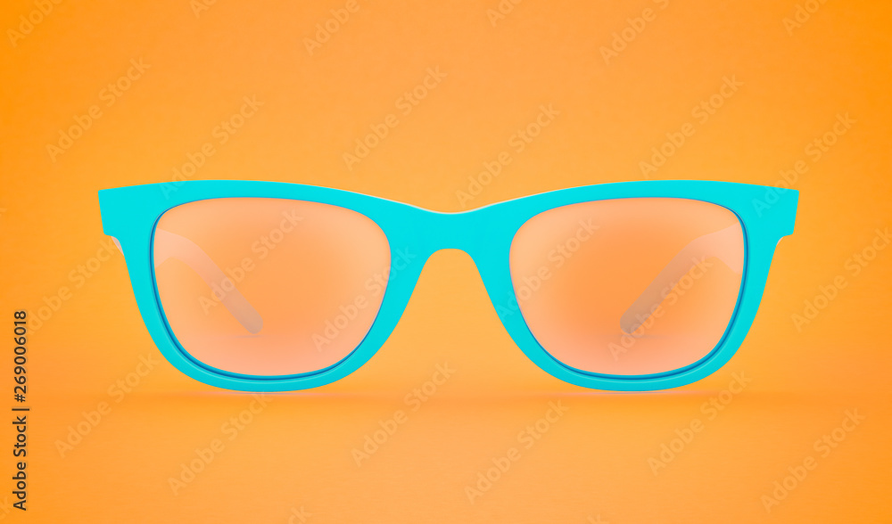 Realistic green sunglasses lie on orange background. Summer poster. 3D model render illustration Realistic green sunglasses lie on orange background. Summer poster. 3D model render illustration