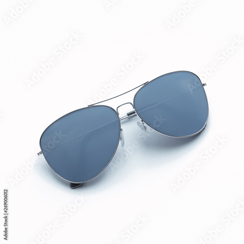 Realistic blue sunglasses lie on gray background. Summer poster. 3D model render illustration