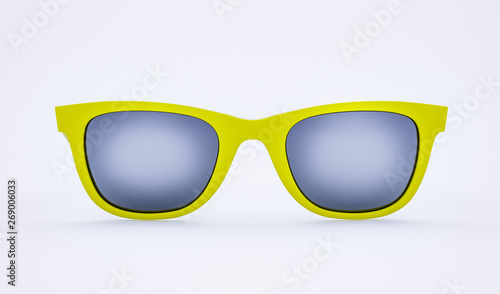 Realistic yellow sunglasses lie on gray background. Summer poster. 3D model render illustration