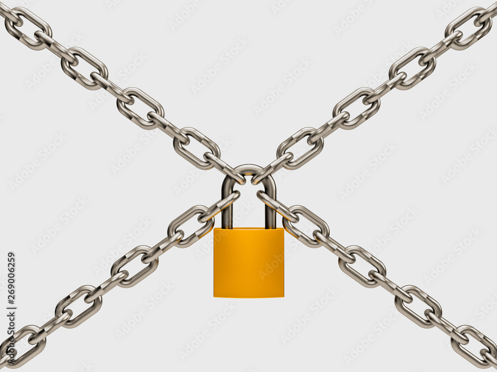 Flying golden lock isolated on white background. 3D rendering model illustration