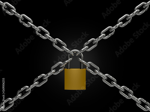 Flying golden lock isolated on black background. 3D rendering model illustration