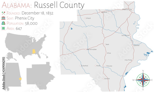 Large and detailed map of Russell county in Alabama, USA