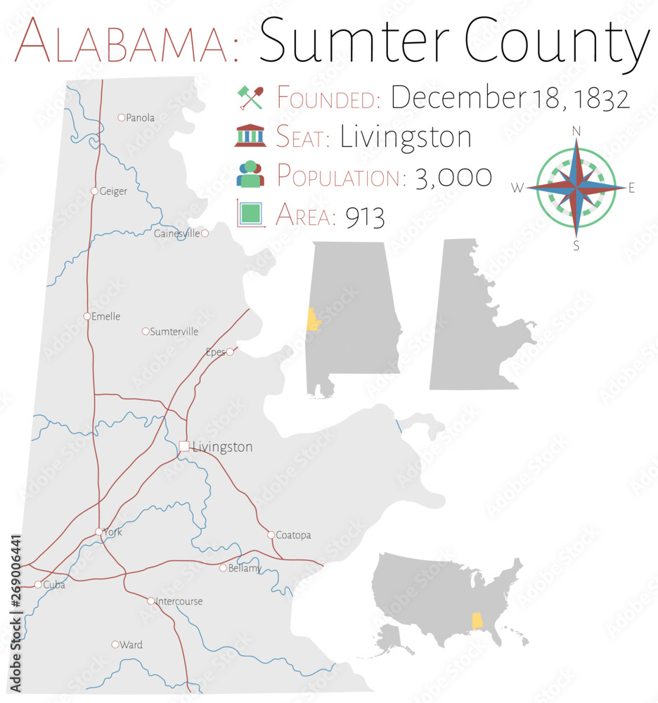 Large and detailed map of Sumter county in Alabama, USA