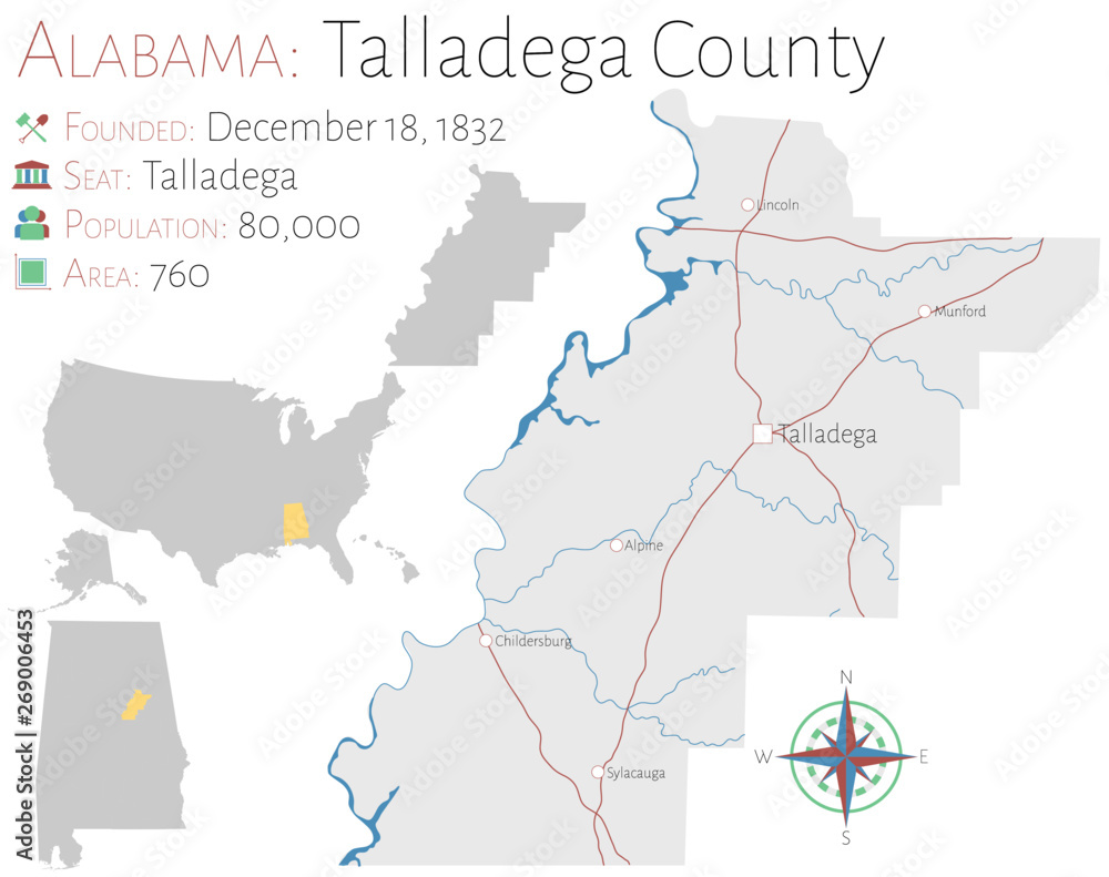 Large and detailed map of Talladega county in Alabama, USA