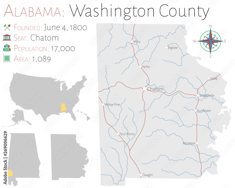 Large and detailed map of Washington county in Alabama, USA.