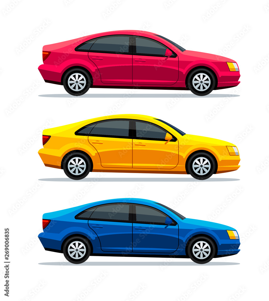 Vector set of sedan car isolated on white background. Side view. The design concept for a taxi, new car buying, traffic, and drivers education. Illustration.