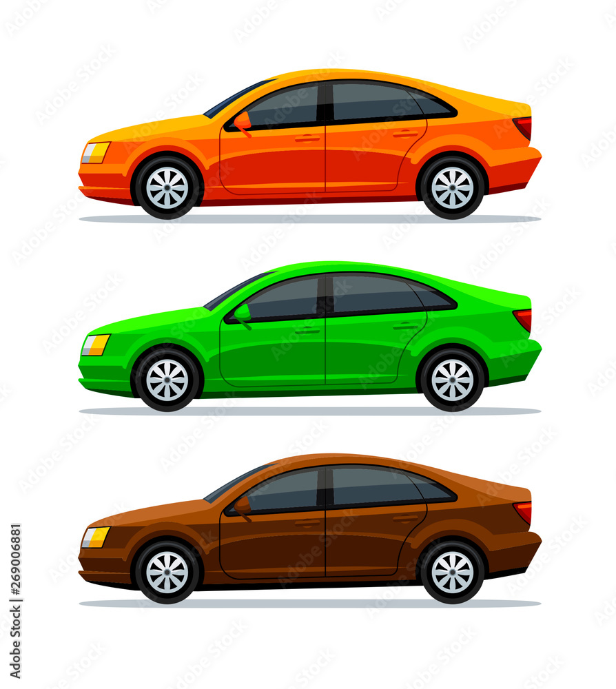 Vector set of cars Isolated on white background. Side view. Sedan. The green electric car, orange and brown auto, and vehicle. Transportation. 3d illustration.