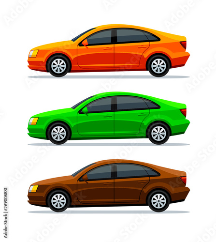 Vector set of cars Isolated on white background. Side view. Sedan. The green electric car  orange and brown auto  and vehicle. Transportation. 3d illustration.
