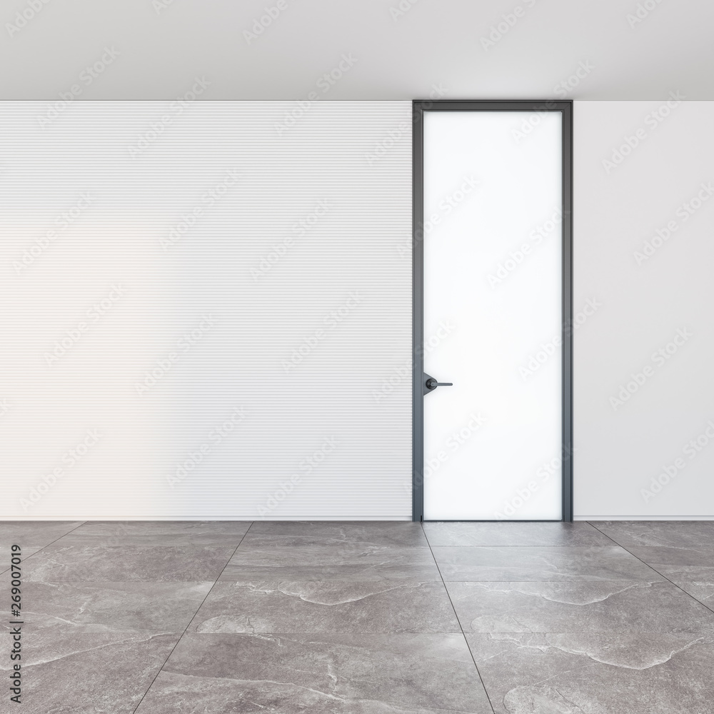 Closed modern door in a room with a stone floor and textured walls Style interior. Concept of an opportunity. 3d rendering illustration mockup Closed modern door in a room with a stone floor and textured walls Style interior. Concept of an opportunity. 3d rendering illustration mockup