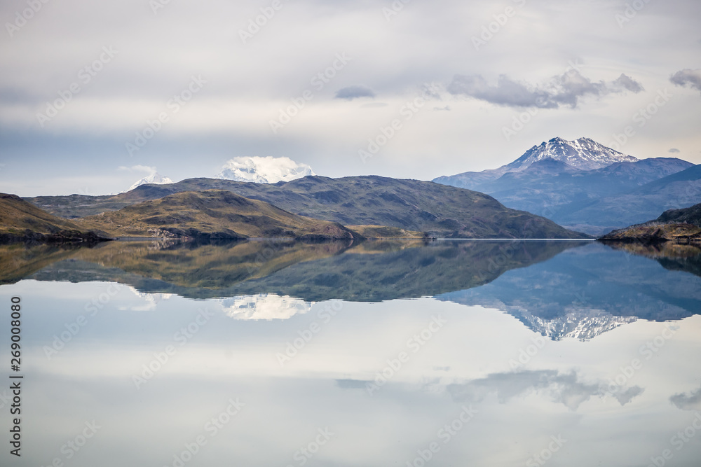 Mirror reflection on Lake Nordenskjöld in Torres del Paine National Park, Chile