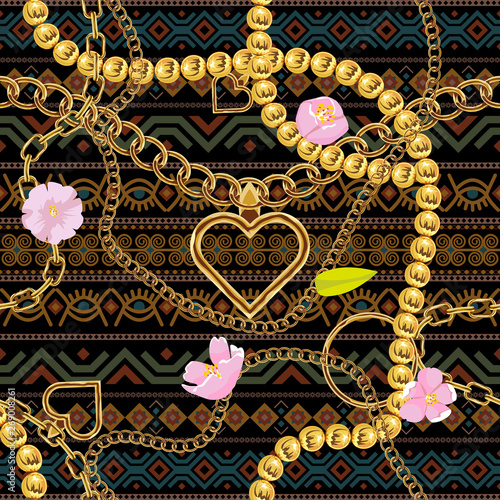 Cute chain texture seamless with african ornaments. Flat and solid color vector illustration.