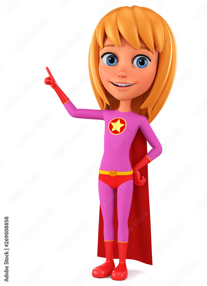 Character cartoon girl in a suit of the hero points his finger at empty space on a white background. 3d rendering. Illustration for advertising. Character cartoon girl in a suit of the hero points his finger at empty space on a white background. 3d rendering. Illustration for advertising.