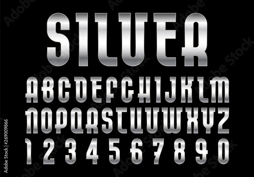 Silver font, alphabet with metallic texture. Vector glossy letters and numbers.