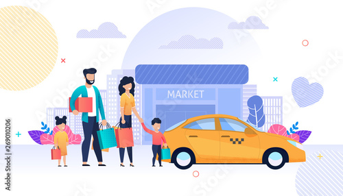 Family Shopping and Taxi Service Flat Cartoon