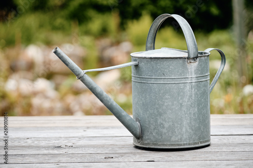 Old metal watering can standing on  wooden floor of a terrace in front of a beautiful springtime garden