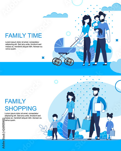 Family Active Time and Shopping Flat Banner Set