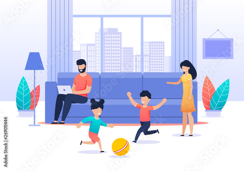 Family Spending Time at Home Cartoon Illustration