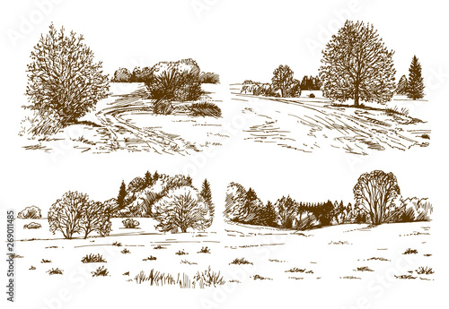 Rural landscape. Hand drawn set.