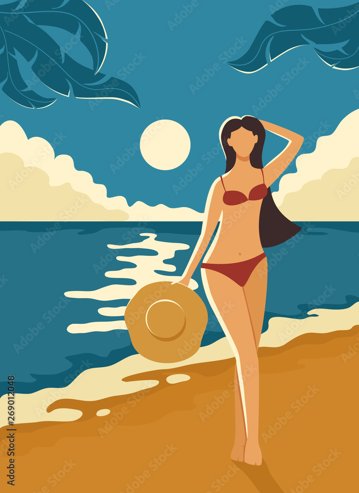 Retro Poster with Beautiful Girl on Beach