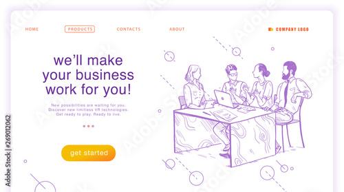 Vector flat landing page design template. Teamwork, company support concept. Online business solutions. Hand drawn sketch style illustration of office people brainstorming. For mobile app, ui, web.