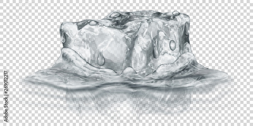 One big realistic translucent ice cube in gray color half submerged in water. Isolated on transparent background. Transparency only in vector format