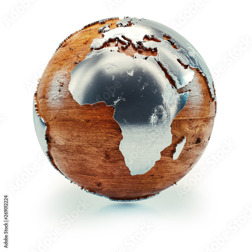 Wooden globe with metal continents