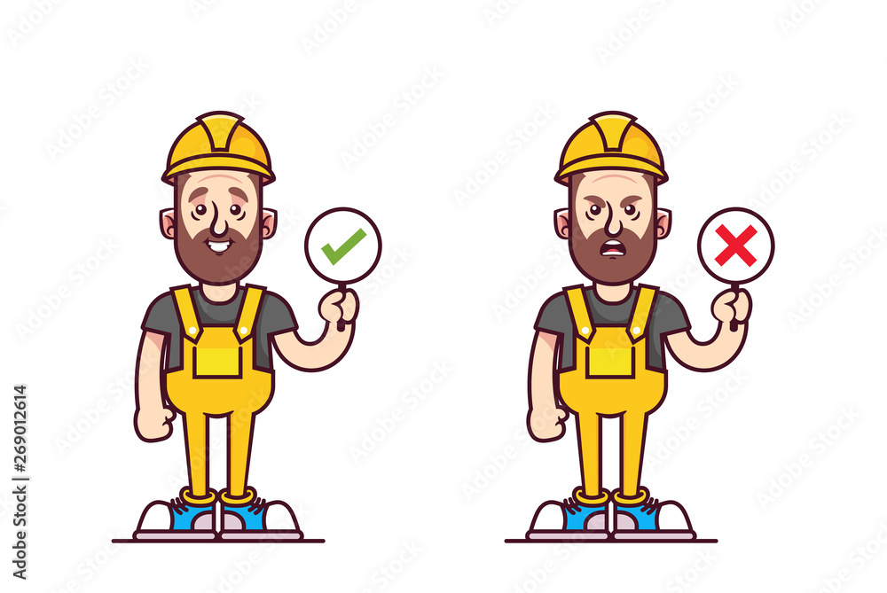 Cartoon Doodle Character. Builder Holding Signs: Accepted and Denied ...