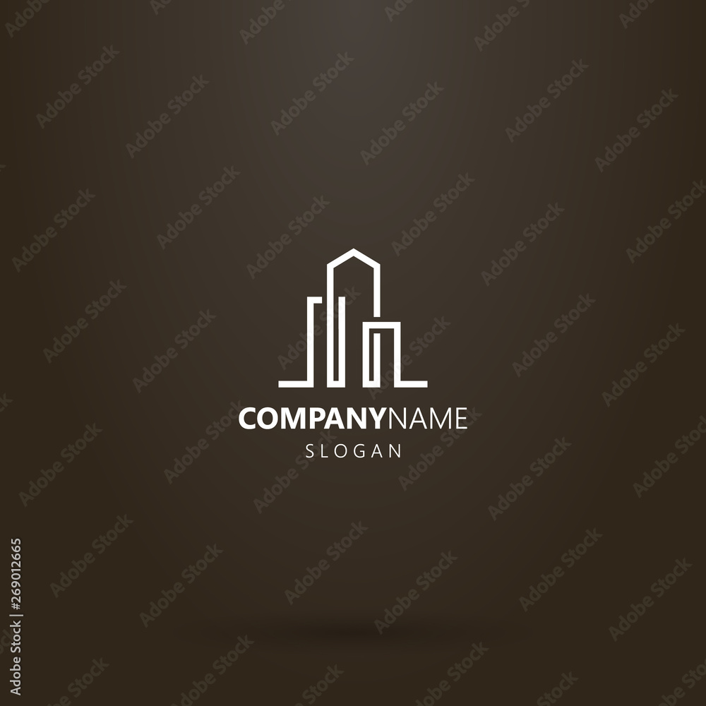 white logo on a black background. simple vector line art abstract logo of three high-rise buildings 