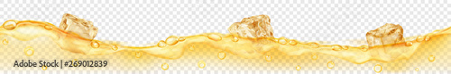 Horizontal banner with seamless wave. Translucent yellow ice cubes and many air bubbles floating in water on transparent background. Transparency only in vector format