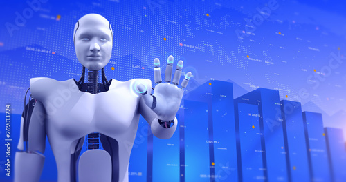 AI Humanoid Robot Analyzing Stock Market Data. Technology And Business Related 3D Illustration Render.