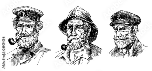 Captain of ship, sailor, hand drawn set.