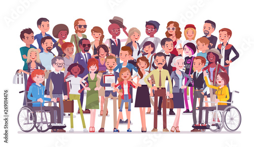 Diverse group of people full length portrait. Members of different nations, various age, sex, health, social class, standing together. Vector flat style cartoon illustration isolated, white background