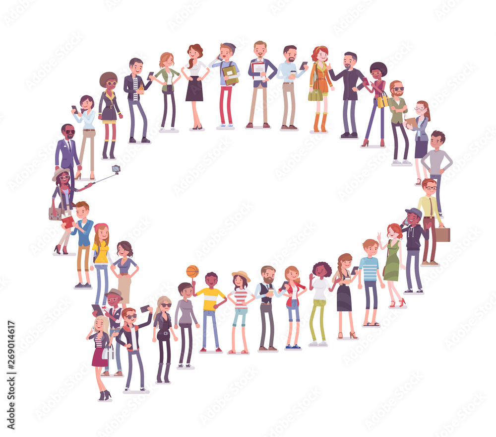 Group of people making speech bubble shape. Members of different nations, sex, age, jobs standing together forming chat symbol. Vector flat style cartoon illustration isolated on white background