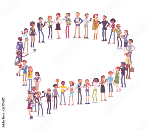 Group of people making speech bubble shape. Members of different nations  sex  age  jobs standing together forming chat symbol. Vector flat style cartoon illustration isolated on white background