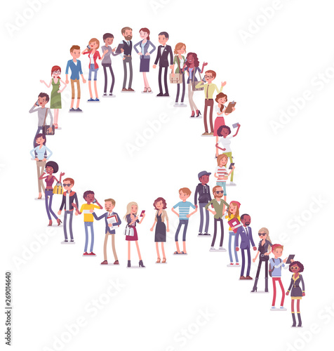 Group of people making magnifier shape. Members of different nations, sex, age, jobs standing together forming social research symbol. Vector flat style cartoon illustration isolated, white background
