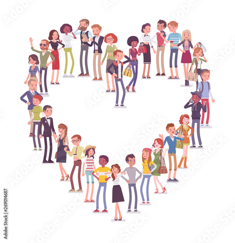 Group of people making heart shape. Members of different nations, sex, age, jobs standing together forming romantic love symbol. Vector flat style cartoon illustration isolated on white background