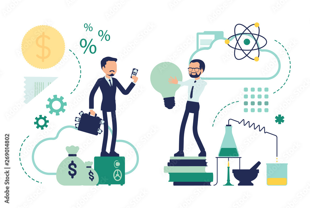 Science and business collaboration. Businessman and science researcher. Vector abstract illustration with faceless character Science and business collaboration. Businessman and science researcher. Vector abstract illustration with faceless character