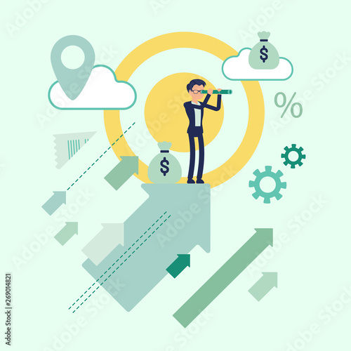 Business prognosis symbol. Businessman watching with spyglass future progress, view prospective position, accomplishment of new aim or purpose. Vector abstract illustration with faceless character