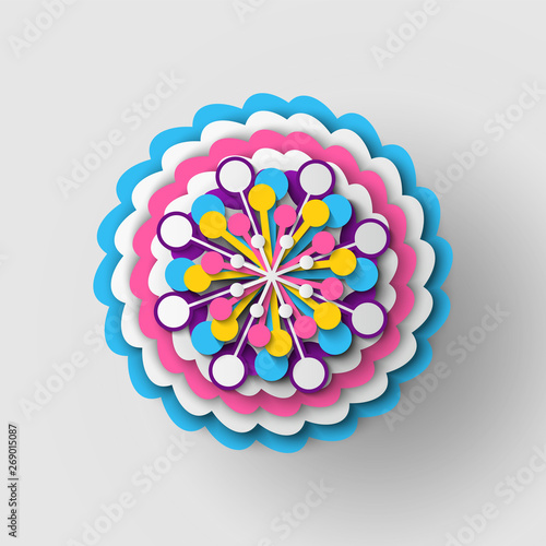 Paper cut origami of flower, colorful blossom ornament with shadow, 3d view of floral symbol, greeting or poster decorated by bouquet, festive vector